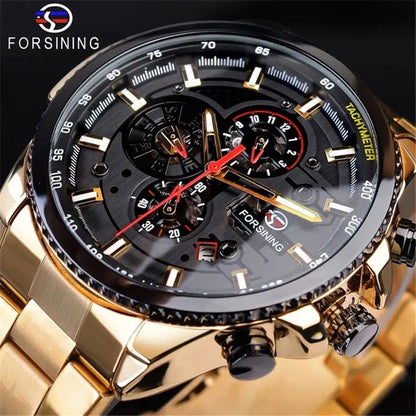 Forsining Three Dial Calendar Stainless Steel Men Mechanical Automatic Wrist Watches Top Brand Luxury Military Sport Male Clock
