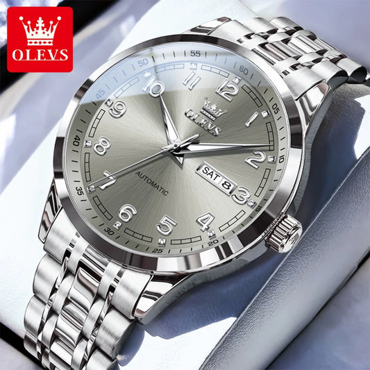 OLEVS Luxury Watch For Men automatic mechanical   Wristwatches Classic Men Watch Waterproof Gray Dial Luxury Brand Date Week 7077