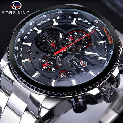 Forsining Three Dial Calendar Stainless Steel Men Mechanical Automatic Wrist Watches Top Brand Luxury Military Sport Male Clock