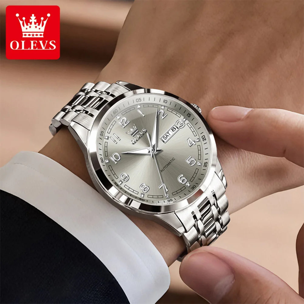OLEVS Luxury Watch For Men automatic mechanical   Wristwatches Classic Men Watch Waterproof Gray Dial Luxury Brand Date Week 7077