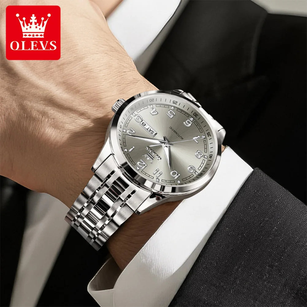 OLEVS Luxury Watch For Men automatic mechanical   Wristwatches Classic Men Watch Waterproof Gray Dial Luxury Brand Date Week 7077