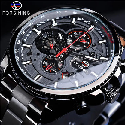 Forsining Three Dial Calendar Stainless Steel Men Mechanical Automatic Wrist Watches Top Brand Luxury Military Sport Male Clock